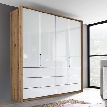 Erimo Artisan Oak and Crystal White Glass 204cm 4 Door 6 Drawer Wardrobe