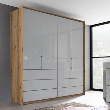 Erimo Artisan Oak and Silk Grey Glass 204cm 4 Door 6 Drawer Wardrobe