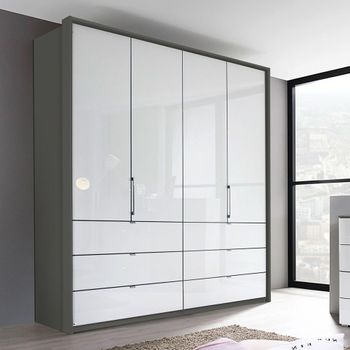 Erimo Graphite and Crystal White Glass 204cm 4 Door 6 Drawer Wardrobe
