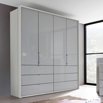 Erimo Silk Grey and Silk Grey Glass 204cm 4 Door 6 Drawer Wardrobe