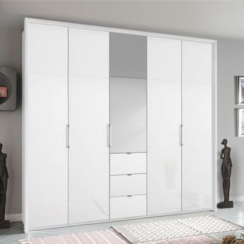 Erimo Alpine White and Crystal White Glass 254cm 5 Door 3 Drawer Combi Wardrobe