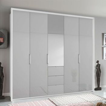Erimo Alpine White and Silk Grey Glass 254cm 5 Door 3 Drawer Combi Wardrobe