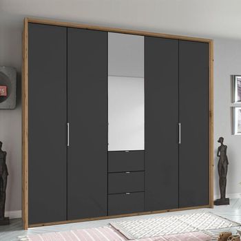 Erimo Artisan Oak and Basalt Glass 254cm 5 Door 3 Drawer Combi Wardrobe
