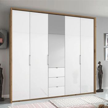 Erimo Artisan Oak and Crystal White Glass 254cm 5 Door 3 Drawer Combi Wardrobe