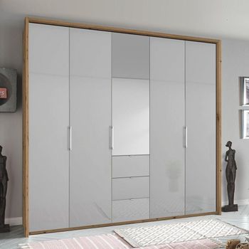 Erimo Artisan Oak and Silk Grey Glass 254cm 5 Door 3 Drawer Combi Wardrobe