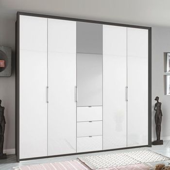 Erimo Graphite and Crystal White Glass 254cm 5 Door 3 Drawer Combi Wardrobe