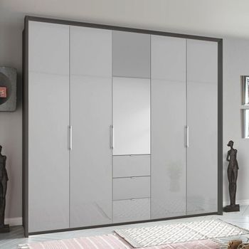 Erimo Graphite and Silk Grey Glass 254cm 5 Door 3 Drawer Combi Wardrobe