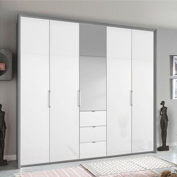 Erimo Silk Grey and Crystal White Glass 254cm 5 Door 3 Drawer Combi Wardrobe