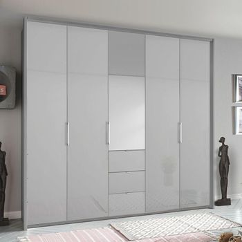Erimo Silk Grey and Silk Grey Glass 254cm 5 Door 3 Drawer Combi Wardrobe
