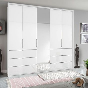 Erimo Alpine White and Crystal White Glass 254cm 5 Door 6 Drawer Combi Wardrobe