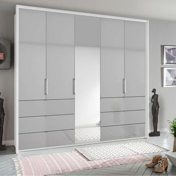 Erimo Alpine White and Silk Grey Glass 254cm 5 Door 6 Drawer Combi Wardrobe