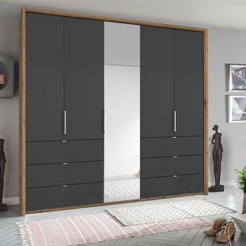 Erimo Artisan Oak and Basalt Glass 254cm 5 Door 6 Drawer Combi Wardrobe