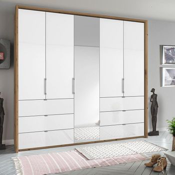 Erimo Artisan Oak and Crystal White Glass 254cm 5 Door 6 Drawer Combi Wardrobe