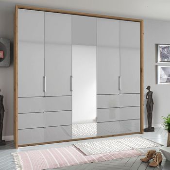 Erimo Artisan Oak and Silk Grey Glass 254cm 5 Door 6 Drawer Combi Wardrobe