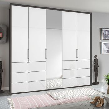 Erimo Graphite and Crystal White Glass 254cm 5 Door 6 Drawer Combi Wardrobe