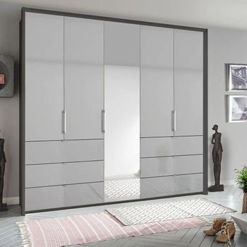 Erimo Graphite and Silk Grey Glass 254cm 5 Door 6 Drawer Combi Wardrobe