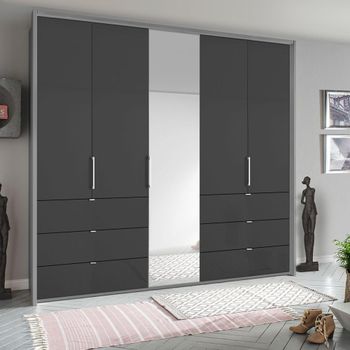 Erimo Silk Grey and Basalt Glass 254cm 5 Door 6 Drawer Combi Wardrobe