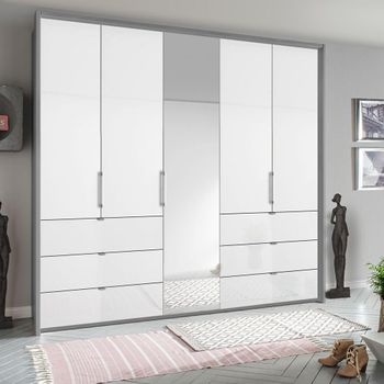 Erimo Silk Grey and Crystal White Glass 254cm 5 Door 6 Drawer Combi Wardrobe
