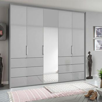 Erimo Silk Grey and Silk Grey Glass 254cm 5 Door 6 Drawer Combi Wardrobe