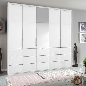 Erimo Alpine White and Crystal White Glass 254cm 5 Door 9 Drawer Combi Wardrobe