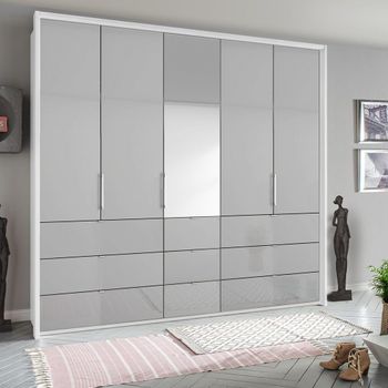 Erimo Alpine White and Silk Grey Glass 254cm 5 Door 9 Drawer Combi Wardrobe