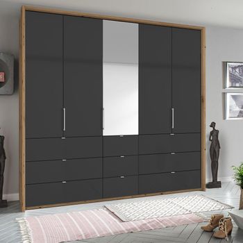 Erimo Artisan Oak and Basalt Glass 254cm 5 Door 9 Drawer Combi Wardrobe