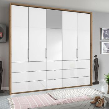 Erimo Artisan Oak and Crystal White Glass 254cm 5 Door 9 Drawer Combi Wardrobe