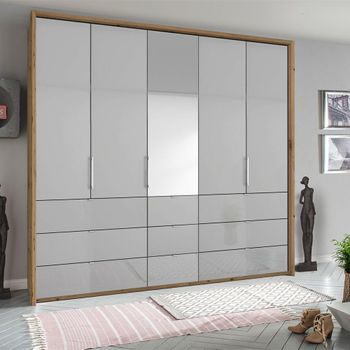 Erimo Artisan Oak and Silk Grey Glass 254cm 5 Door 9 Drawer Combi Wardrobe