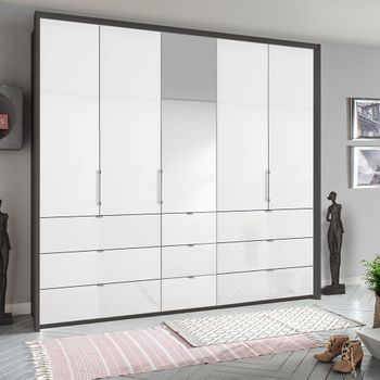 Erimo Graphite and Crystal White Glass 254cm 5 Door 9 Drawer Combi Wardrobe