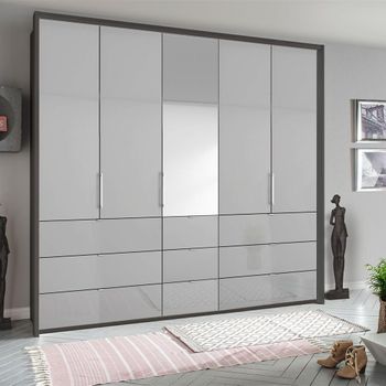 Erimo Graphite and Silk Grey Glass 254cm 5 Door 9 Drawer Combi Wardrobe