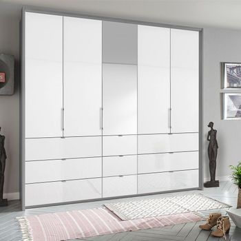 Erimo Silk Grey and Crystal White Glass 254cm 5 Door 9 Drawer Combi Wardrobe
