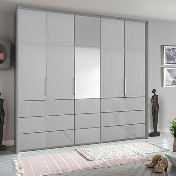 Erimo Silk Grey and Silk Grey Glass 254cm 5 Door 9 Drawer Combi Wardrobe