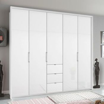 Erimo Alpine White and Crystal White Glass 254cm 5 Door 3 Drawer Wardrobe