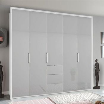 Erimo Alpine White and Silk Grey Glass 254cm 5 Door 3 Drawer Wardrobe