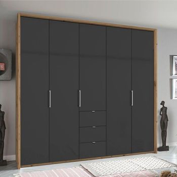 Erimo Artisan Oak and Basalt Glass 254cm 5 Door 3 Drawer Wardrobe