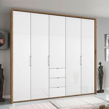 Erimo Artisan Oak and Crystal White Glass 254cm 5 Door 3 Drawer Wardrobe