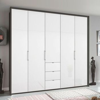 Erimo Graphite and Crystal White Glass 254cm 5 Door 3 Drawer Wardrobe