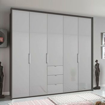 Erimo Graphite and Silk Grey Glass 254cm 5 Door 3 Drawer Wardrobe