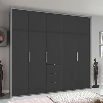 Erimo Silk Grey and Basalt Glass 254cm 5 Door 3 Drawer Wardrobe