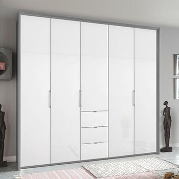 Erimo Silk Grey and Crystal White Glass 254cm 5 Door 3 Drawer Wardrobe