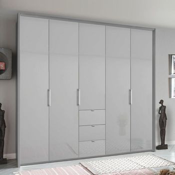 Erimo Silk Grey and Silk Grey Glass 254cm 5 Door 3 Drawer Wardrobe