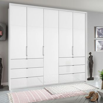 Erimo Alpine White and Crystal White Glass 254cm 5 Door 6 Drawer Wardrobe