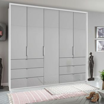 Erimo Alpine White and Silk Grey Glass 254cm 5 Door 6 Drawer Wardrobe