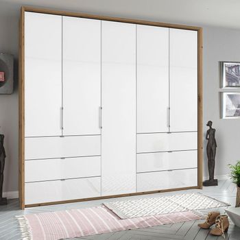 Erimo Artisan Oak and Crystal White Glass 254cm 5 Door 6 Drawer Wardrobe