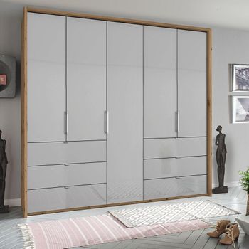 Erimo Artisan Oak and Silk Grey Glass 254cm 5 Door 6 Drawer Wardrobe