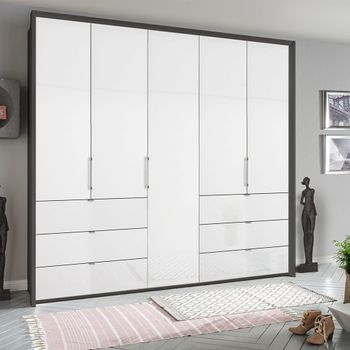 Erimo Graphite and Crystal White Glass 254cm 5 Door 6 Drawer Wardrobe