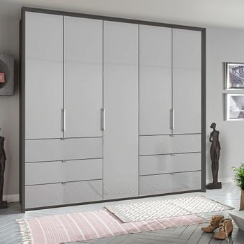 Erimo Graphite and Silk Grey Glass 254cm 5 Door 6 Drawer Wardrobe