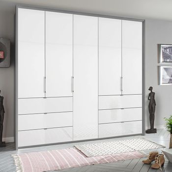 Erimo Silk Grey and Crystal White Glass 254cm 5 Door 6 Drawer Wardrobe