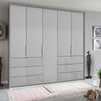 Erimo Silk Grey and Silk Grey Glass 254cm 5 Door 6 Drawer Wardrobe