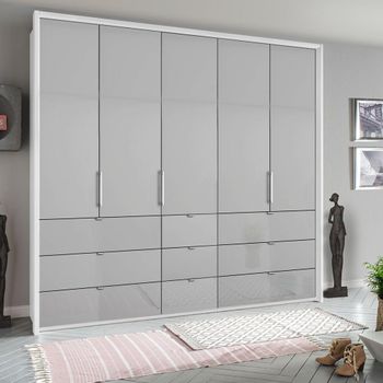 Erimo Alpine White and Silk Grey Glass 254cm 5 Door 9 Drawer Wardrobe